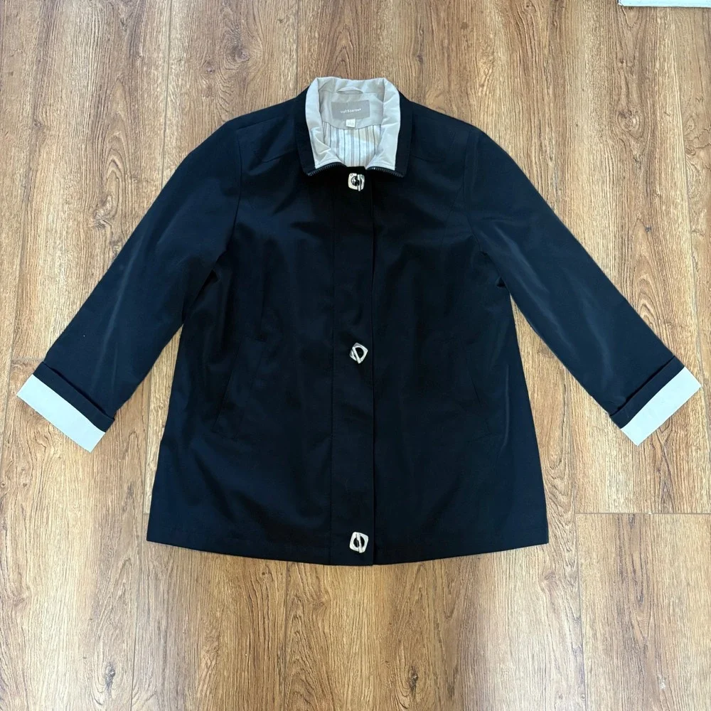 Croft & Barrow Full Zip Button‎ Front Windbreaker Jacket Black Tan Trim Womens L